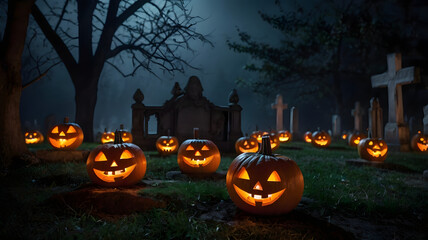 halloween background with pumpkin and bats, ai generated