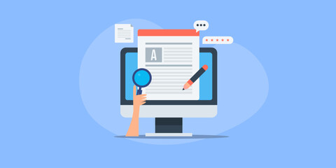 Content research and writing, publishing article blog on web and social media, conceptual vector illustration.