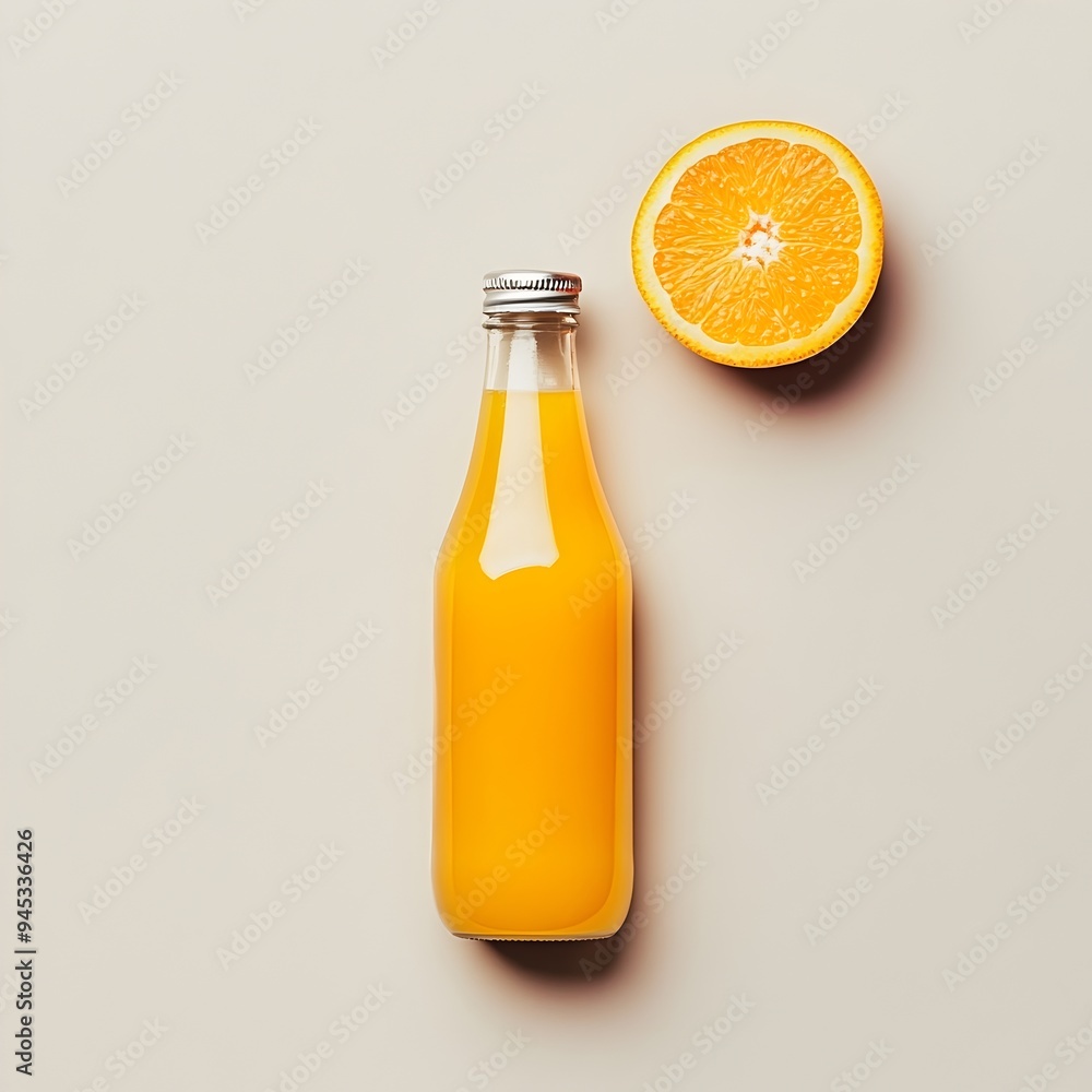 Poster closeup of a single bottle of freshly squeezed orange juice centered and isolated on a plain white b