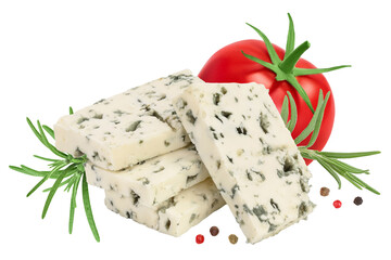Blue cheese slices with rosemary isolated on white background full depth of field.