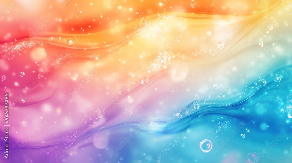 Poster abstract water background with colorful waves, light bokeh and bubbles