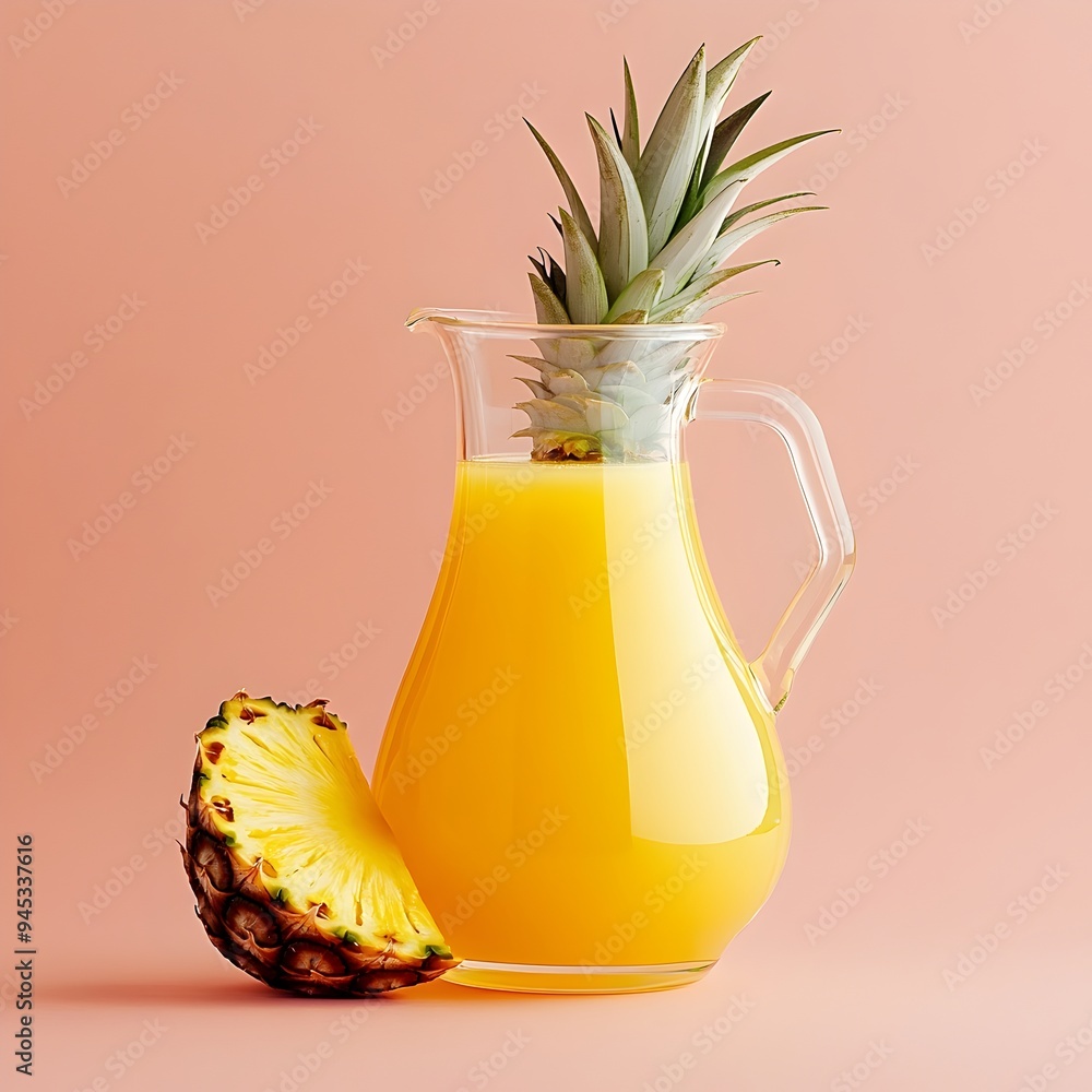 Poster an elegant glass pitcher filled with bright golden pineapple juice placed at the center of a plain m