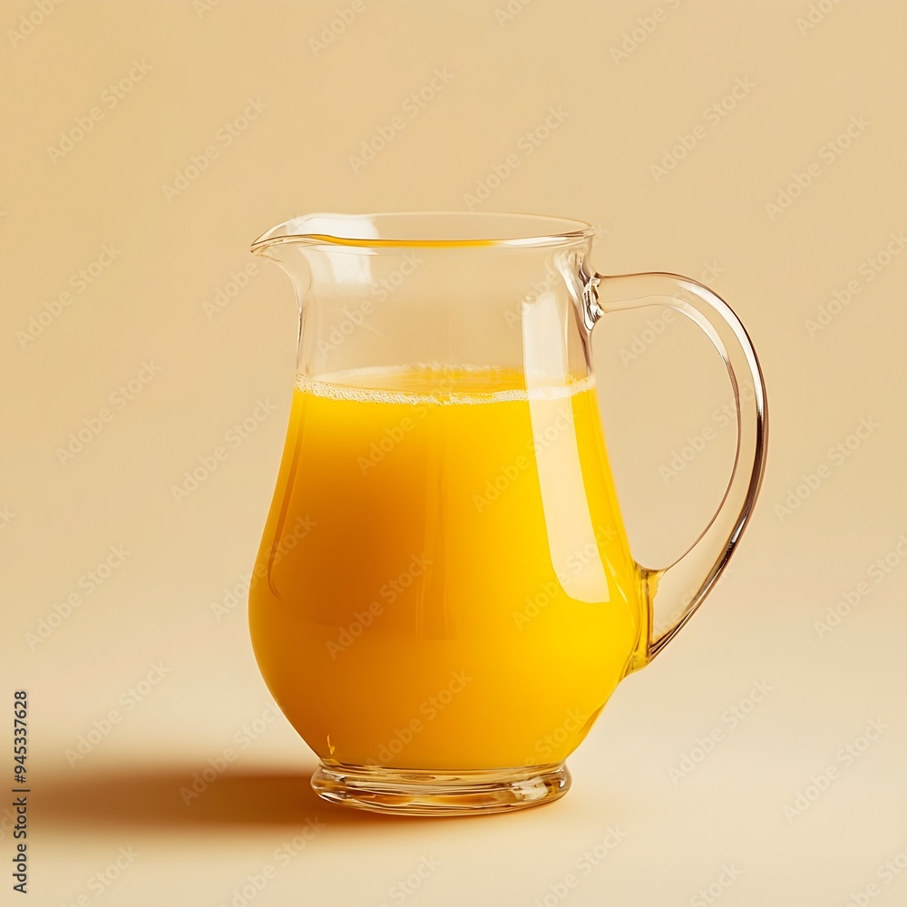 Poster refreshing glass pitcher filled with vibrant pineapple juice placed at the center of a plain clean s