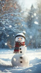 Fototapeta premium A charming snowman in a serene winter wonderland with gentle snowfall and festive atmosphere
