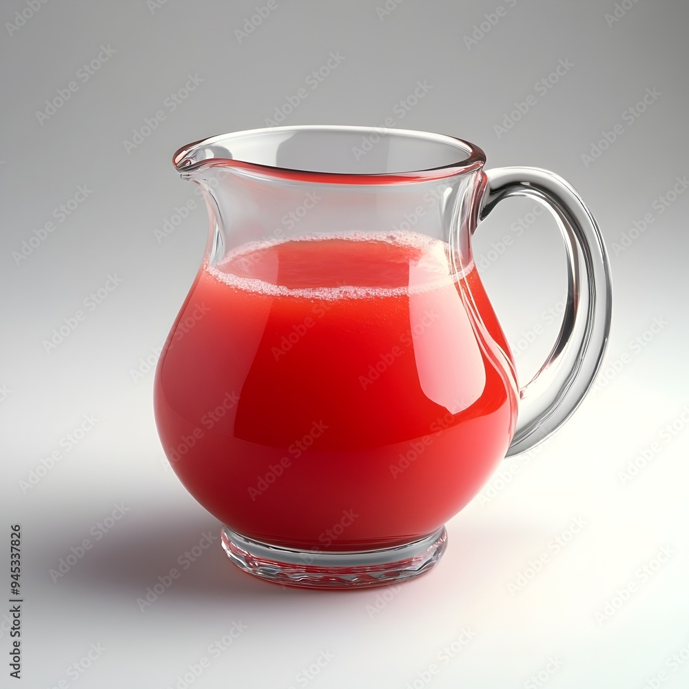 Poster a glass pitcher filled with vibrant watermelon juice placed at the center of a plain minimalist surf