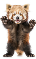 A red panda with both hands raised in a wait a moment pose generated by AI