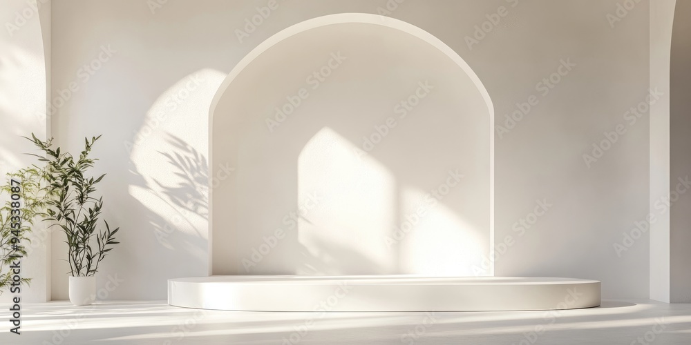 Poster 3D render of an abstract white studio backdrop ideal for product showcasing featuring window shadows a luxurious summer architectural aesthetic and a display scene illuminated by sunlight including