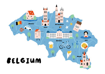 Fototapeta premium Detailed Hand-Drawn Map of Belgium with Landmarks and Cultural Symbols. Perfect for Travel, Decor, Framing