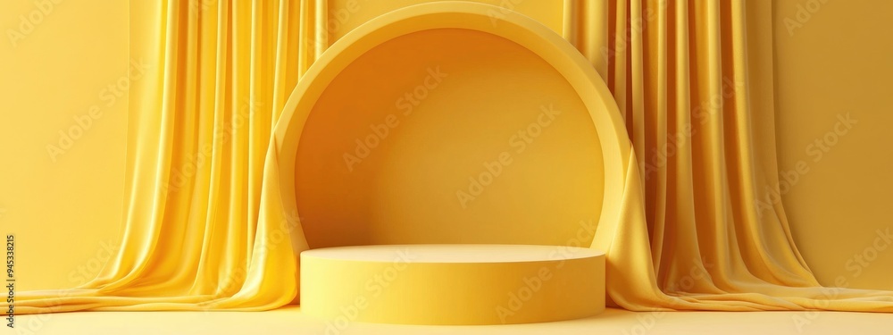 Leinwandbilder 3d rendering of a circular podium and arch against a yellow backdrop abstract scene featuring a roun