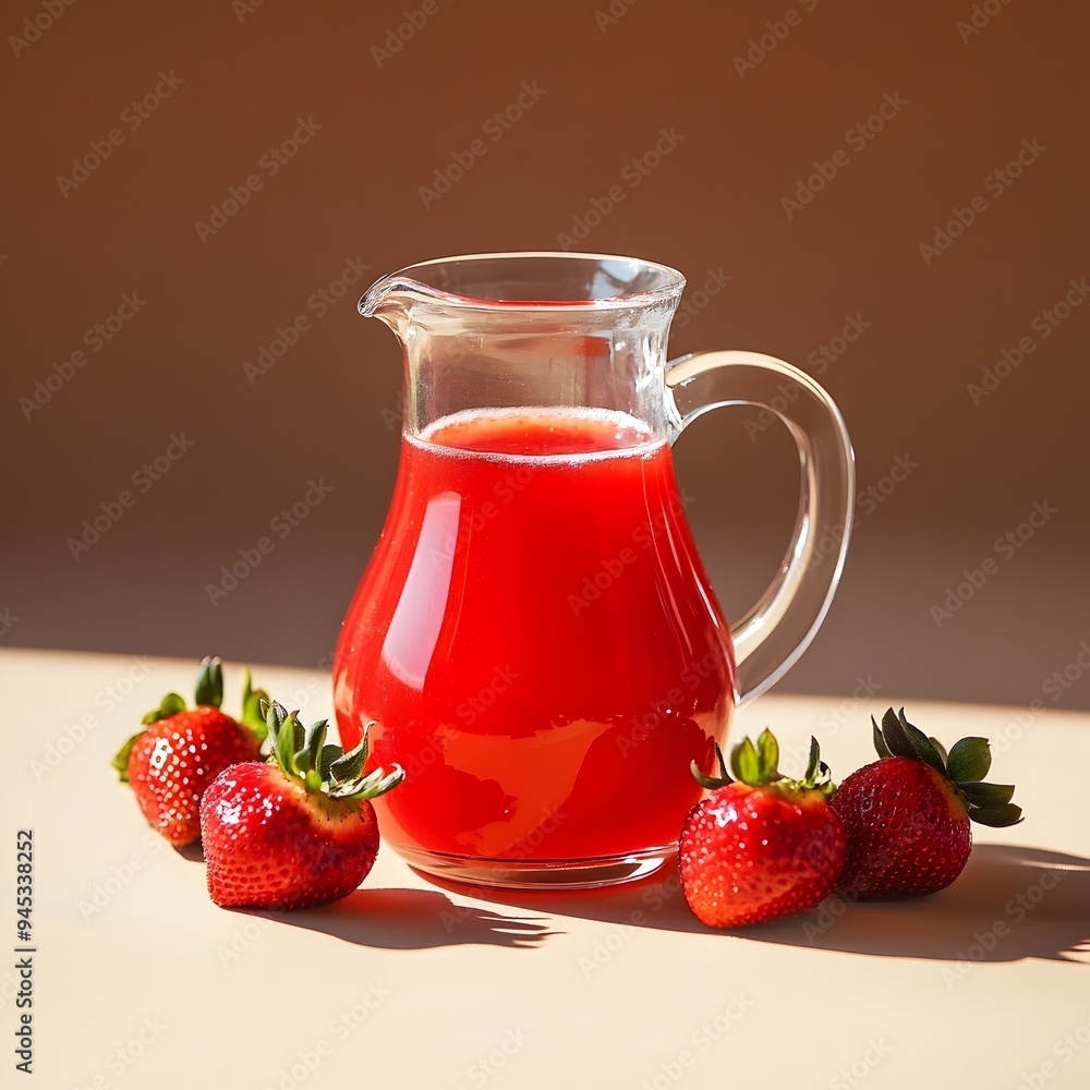 Poster elegant glass pitcher filled with vibrant freshly squeezed strawberry juice placed at the center of 