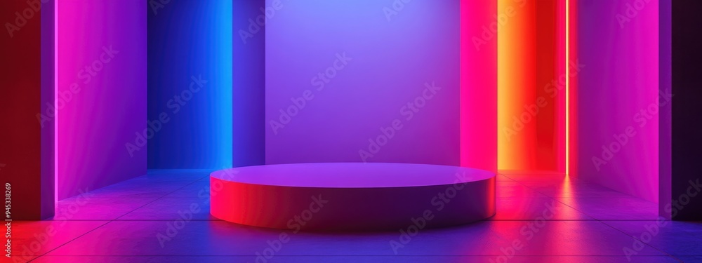 Poster 3D rendering of a studio featuring geometric shapes and a podium on the floor designed for product display and mock up purposes