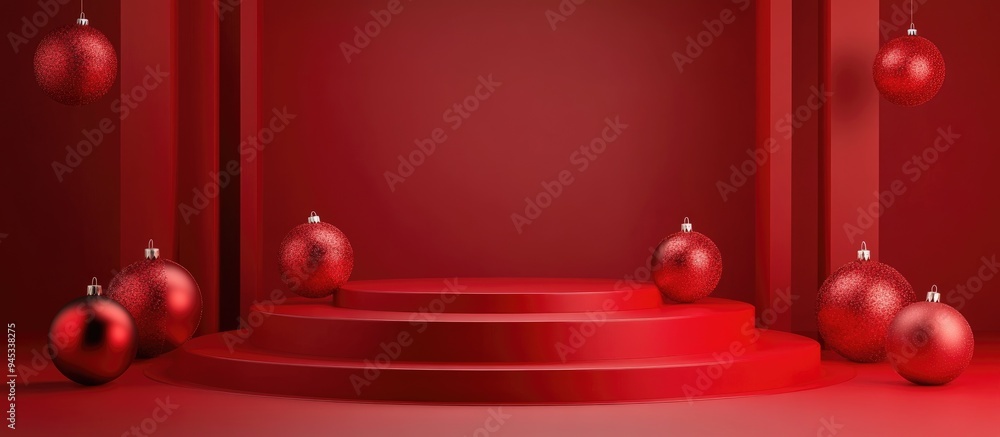 Poster 3d render of a podium background with red tones suitable for showcasing products during the festive 
