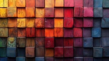 abstract rainbow cube wall 3d wooden squares in vibrant spectral hues form textured backdrop playful geometric composition with depth and shadow creates visual intrigue