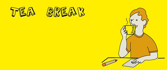 Drinking Tea, Hot Beverages, the man drinking tea in the cafeteria, enjoying her drink,holding cup while sitting at a cafe table, flat vector illustration, isolated yellow, free copy space, horizontal