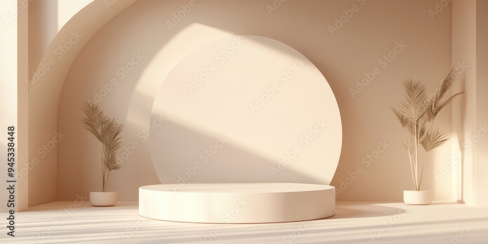 Poster 3D geometric forms with a blank podium in soft hues Minimalist display concept for product presentation and mock up Abstract backdrop suitable for cosmetic promotion