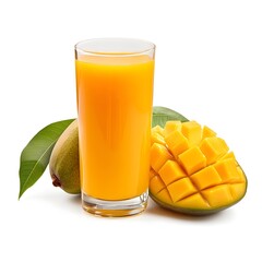 A refreshing glass of mango juice placed at the center of a clean white background showcasing the vibrant color and natural sweetness of the tropical fruit