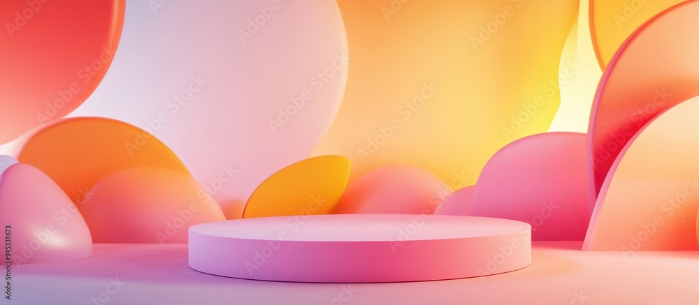Poster 3D rendering of a minimalistic scene featuring a podium and an abstract background with geometric shapes and vibrant colors