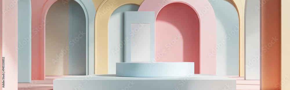 Poster 3D render of an abstract geometric background featuring an art deco display in soft pastel hues showcasing a fashion podium with a blank mock up template a minimalistic empty showcase and primitiv