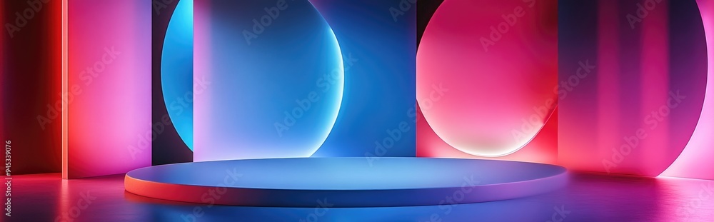 Poster 3d render of an abstract pastel violet and blue background featuring an empty podium alongside curvy
