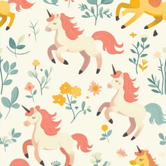 A colorful illustration of three unicorns in a field of flowers