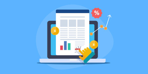 E-business revenue high profit graph and buy from ecommerce website conversion, increase digital sales and online shopping concept vector illustration.