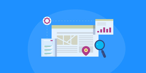 Website SEO for local business, web traffic analytics and visibility on search engine page, map location conceptual information technology vector illustration.