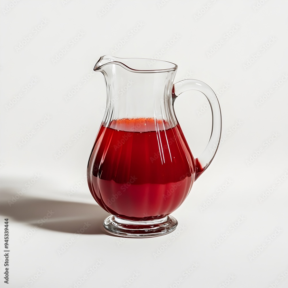 Poster Closeup of a glass pitcher filled with rich ruby colored pomegranate juice placed centrally on a plain minimalist surface creating a simple yet striking visual display