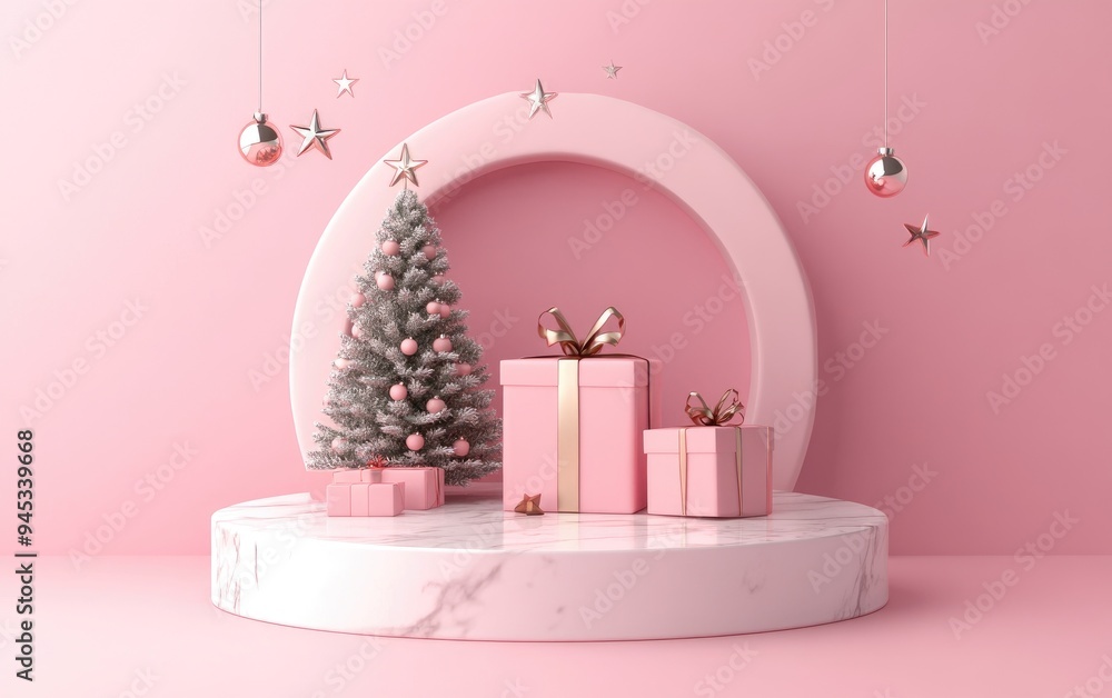 Poster 3d rendering of a christmas gift box decorated tree and stars positioned on a round marble pedestal 