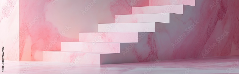 Poster 3d rendering of a stair shaped display stand featuring pink and white colors with a marble texture a