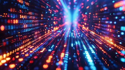 Fototapeta premium Futuristic neon network grid with flowing binary code in a sleek high tech design concept