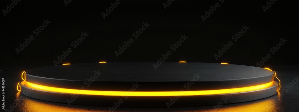 Poster 3d rendering of a black podium illuminated by yellow circular neon lights