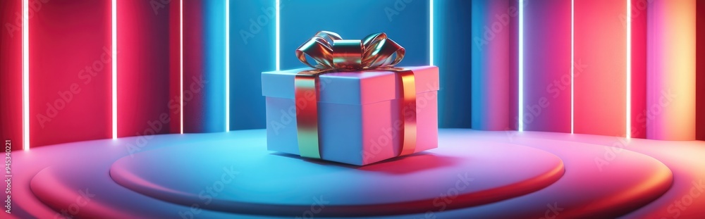 Poster 3d product display scene featuring a floating white gift box adorned with a gold bow 3d illustration