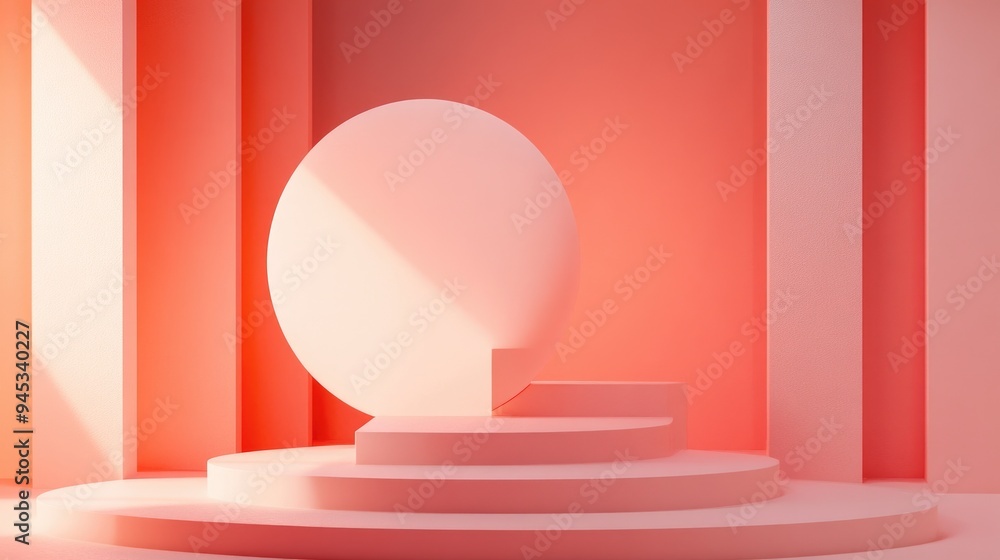 Poster 3D rendered abstract background featuring geometric shapes and a podium for product display in a minimalistic style