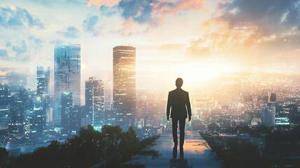 A silhouetted figure walks towards a vibrant city skyline at sunrise.