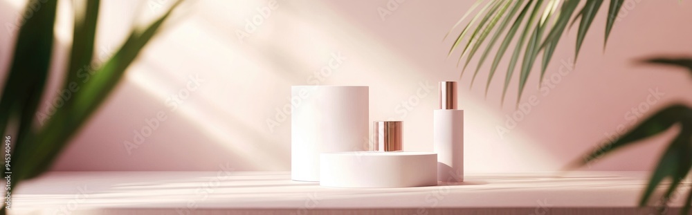 Poster 3d illustration featuring a geometric white cube and cylinder podium designed for showcasing cosmeti