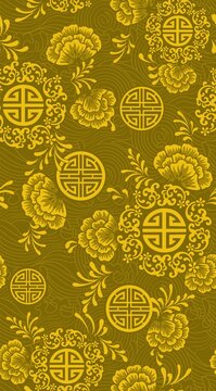 Traditional Vietnamese Pattern with Yellow Floral and Symbolic Elements