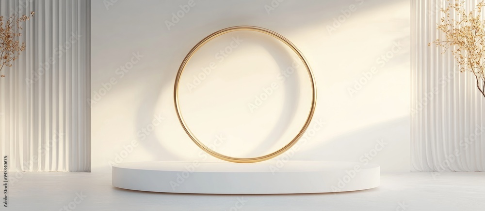 Poster 3d abstract studio space featuring a pedestal podium white and gold geometric platform complemented 