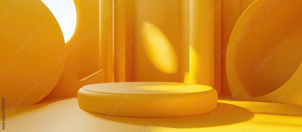 Poster 3D Render of an Abstract Yellow Composition Featuring a Round Podium Minimalistic Studio Environment with Pedestal and Space for Text Futuristic Interior Background for Displaying Products and Pres