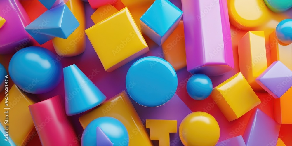 Poster 3D render of an abstract geometric background featuring vibrant colorful primitive shapes