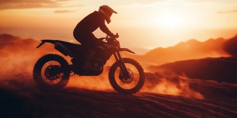 A man is riding a dirt bike on a rugged dirt road, skillfully maneuvering through the terrain while enjoying the thrilling experience