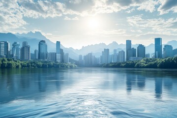 Fototapeta premium Cityscape view with modern skyscrapers and calm river, surrounded by mountains and blue sky reflecting on the water.