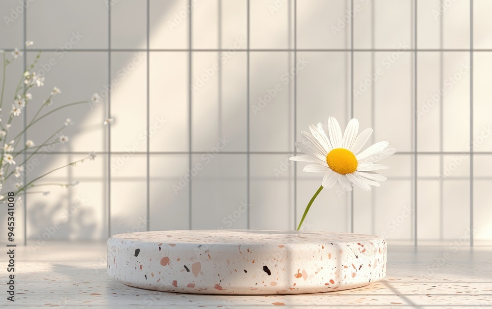 Aufkleber 3d rendered blank mockup of a terrazzo podium featuring a daisy against a transparent grid backgroun