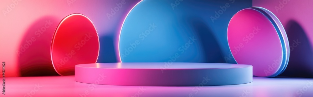 Poster 3d render of an abstract pastel violet and blue background featuring an empty podium alongside curvy