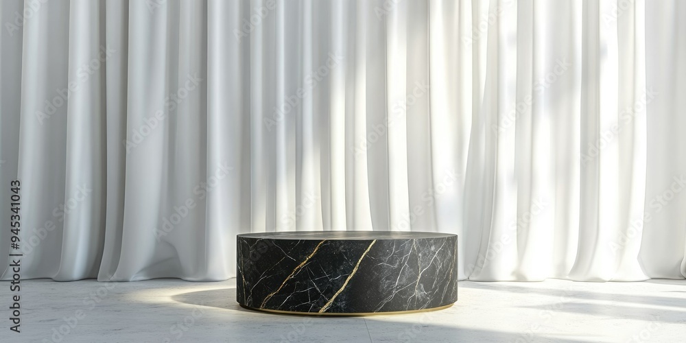 Aufkleber 3d rendered background featuring a black marble cylinder table with a curved gold line design agains