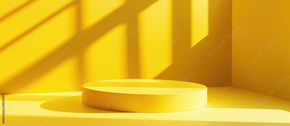 Poster 3D Render of an Abstract Yellow Composition Featuring a Round Podium Minimalistic Studio Environment with Pedestal and Space for Text Futuristic Interior Background for Displaying Products and Pres