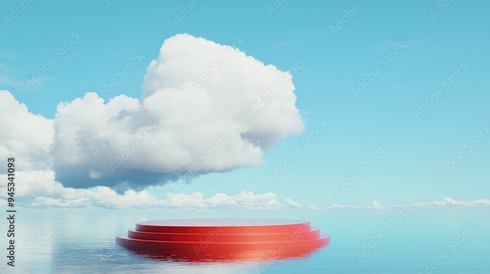Aufkleber 3D rendering of an abstract minimalistic background featuring a white cloud in a blue sky above a red cylindrical podium with steps including an empty pedestal and water Simple setting for showcasi