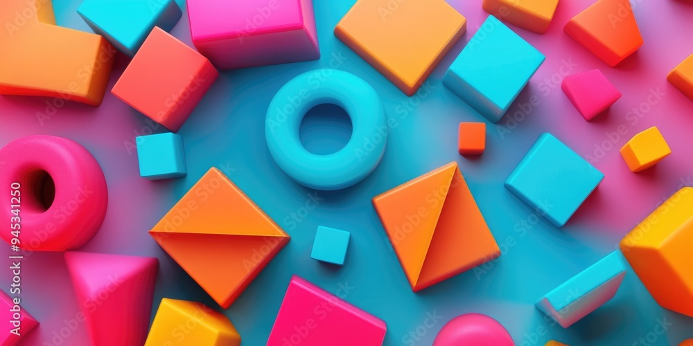 Poster 3D render of an abstract geometric background featuring vibrant colorful primitive shapes