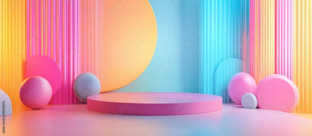 Poster 3D rendering of a minimalistic scene featuring a podium and an abstract background with geometric shapes and vibrant colors