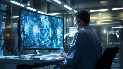 Fototapeta premium Doctor examing MRI on screen in MRI control room