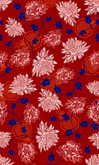 Red Floral Pattern with White and Blue Leaves